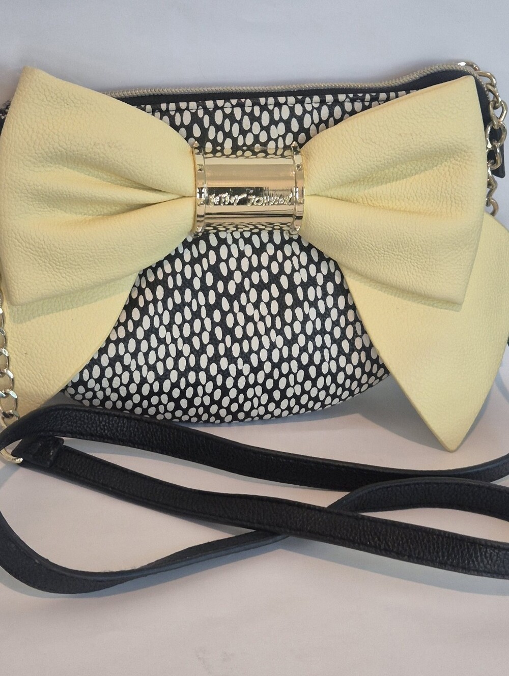 Betsey Johnson Black White Crossbody Bow Bag Yellow Bow Teardrop Spots